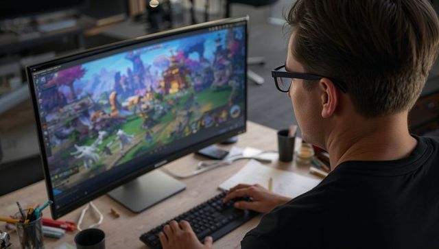 Man with glasses playing fantasy pc game on widescreen monitor in modern home workspace