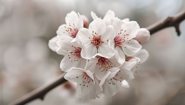 Cluster of pale pink cherry blossoms on branch with soft bokeh and golden stamens