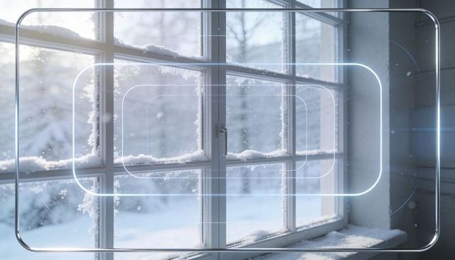 Frosted multi-pane window showing holographic AR overlay in snowy winter interior