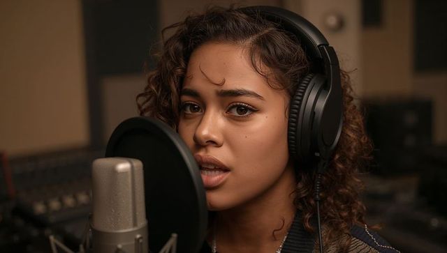 Closeup curly-haired singer recording vocals in studio booth with headphones and pro mic