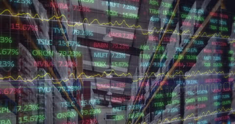 Stock Market Data Overlay on Warehouse Background Reflecting Economy