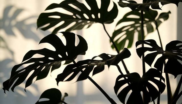 Backlit monstera silhouette casting sheer curtain shadows, fenestrated tropical leaves