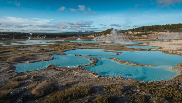 Turquoise geothermal terraces steaming over mineral pools in wide volcanic basin