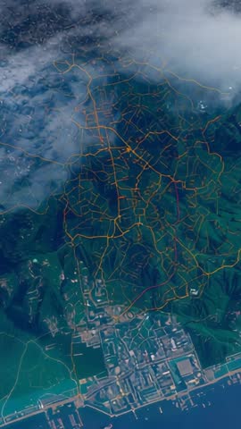 Opening map overlay showing coastal port ship routes, cargo traffic and drifting clouds