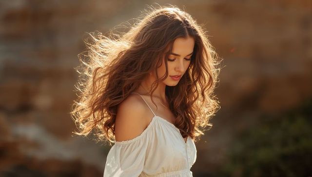 Backlit golden-hour portrait woman with long wavy hair wearing white off-shoulder dress