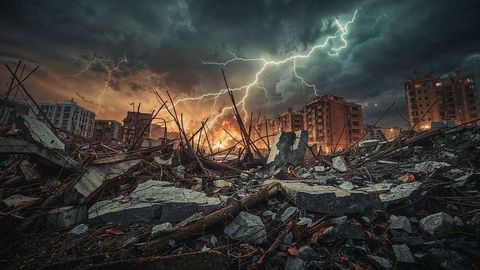 Apocalyptic urban landscape with earthquake ruined buildings and lightning