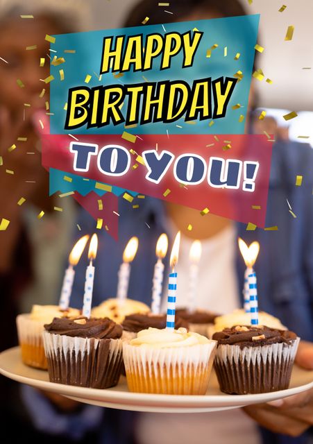 Bright and cheerful birthday greeting with cupcakes and lit candles held by a person. Perfect for birthday invitations, greeting cards, social media birthday wishes, and festive decoration.