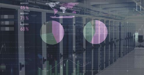 Data center analytics overlay showing server racks and network performance dashboards