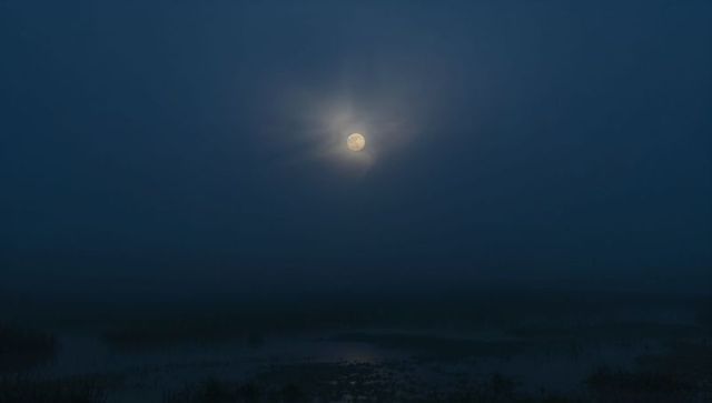 Full moon casting soft halo over foggy marshland with moonlight reflecting on wetlands