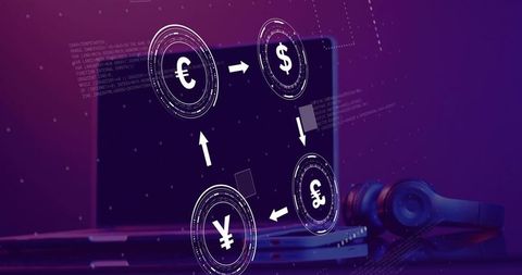 Holographic currency exchange hud hovering over laptop and headphones neon tech finance concept