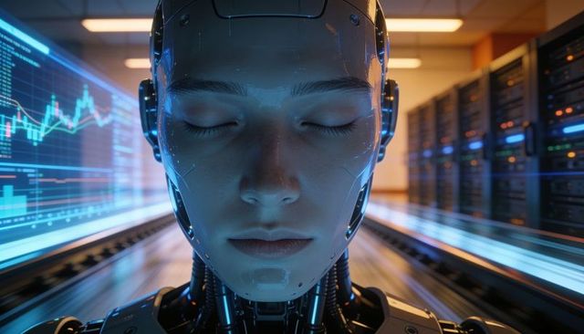 Android cyborg face processing data in server aisle with futuristic blue led interface