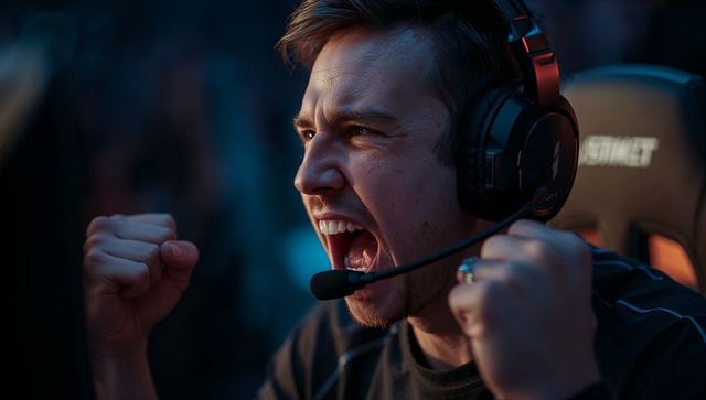 Excited gamer celebrating victory in esports arena
