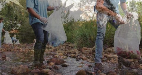 Volunteers Collecting Litter in Mountain Stream