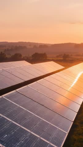 Vertical gliding footage capturing solar panels reflecting sunset over rolling farmland