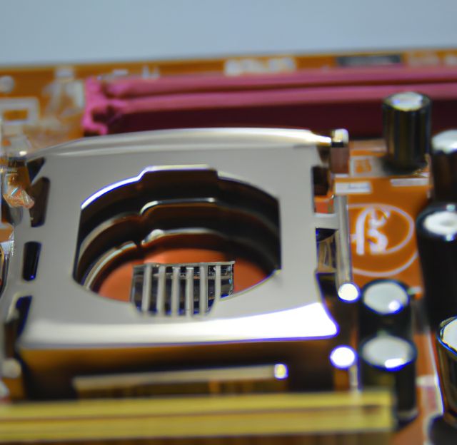 Close-up view of a computer motherboard focusing on the CPU socket. Shiny metallic surfaces and intricate details of the circuit board are visible. Ideal for use in technology blogs, articles about computer hardware, IT infrastructure discussions, engineering presentations, and educational materials about computing equipment.