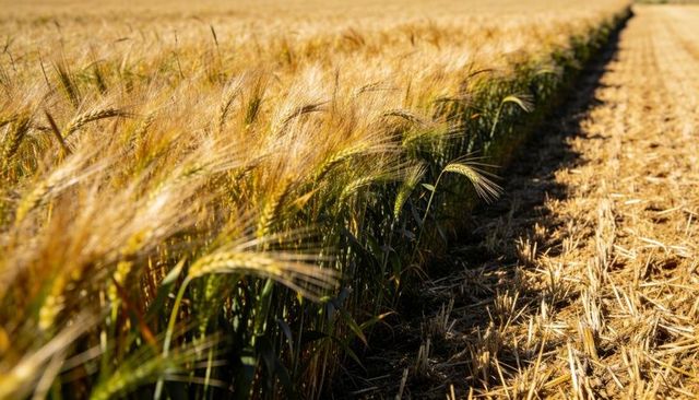 Swaying golden barley stalks at harvest, tramline and cut stubble in evening light