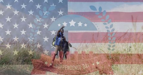 Diverse Couple Hiking with American Flag and Independence Day Text Overlay