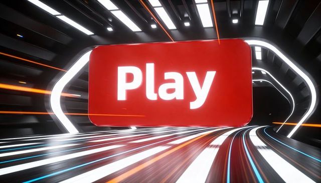 Floating red Play sign dominating futuristic neon tunnel with glossy motion light streaks