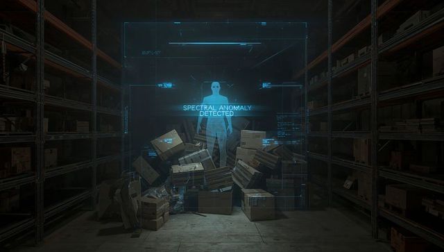 Holographic HUD Scanning Warehouse Aisle Detecting Spectral Anomaly Over Stacked Boxes