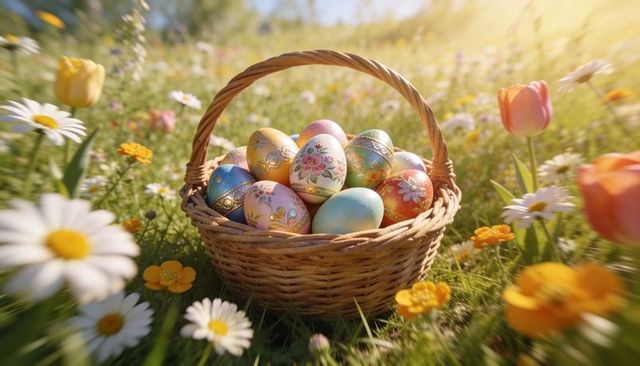 Hand-painted easter eggs nestled in wicker basket with daisies and tulips, spring pastel