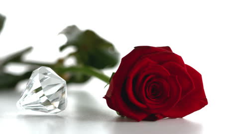 Exquisite Red Rose with Shimmering Diamond on White
