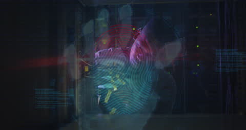 Server Room Technician with Digital Cloud Fingerprint Interface