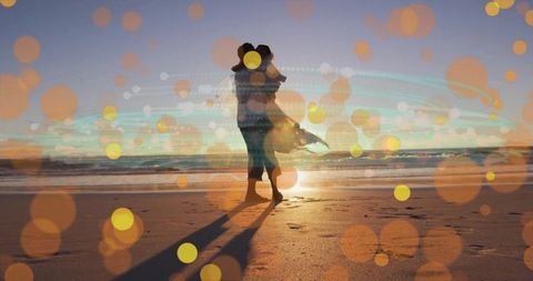 Romantic Sunset Embrace on Scenic Beach Amid Bokeh Lights
