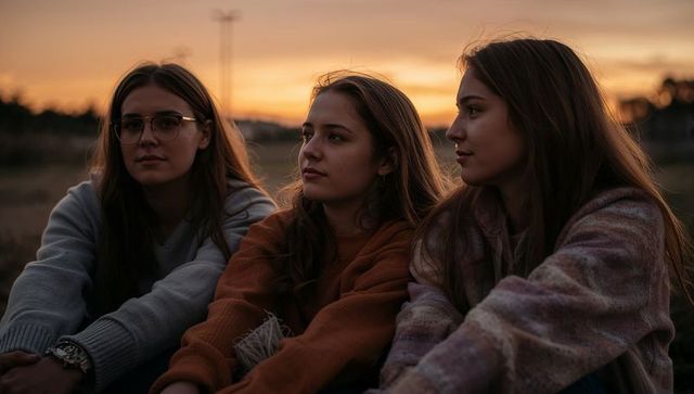 Three young women sitting together watching sunset in meadow wearing cozy sweaters