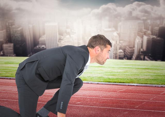 Digital composite of Business man on start line against skyline with clouds