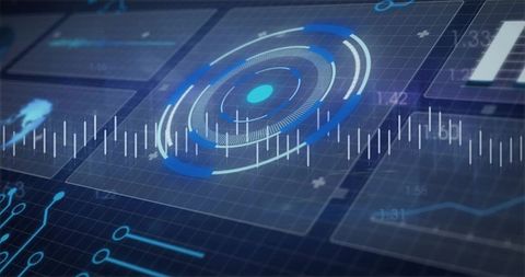 Rotating futuristic hud interface featuring concentric radar, waveform and data panels