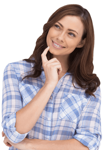 Smiling Thoughtful Woman in Plaid Shirt with Transparent Background