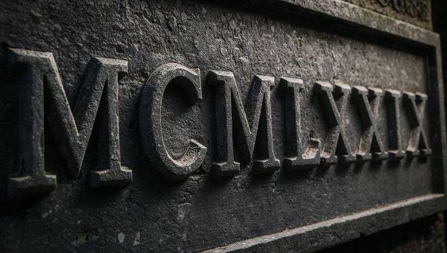 Casting low-angle light on weathered roman numeral plaque mcmlxxx