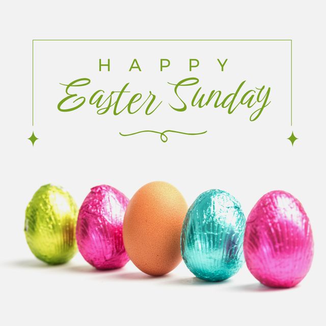 Digital greeting card featuring 'Happy Easter Sunday' text alongside three foil-wrapped and one natural Easter egg. Ideal for sending holiday greetings, social media posts, email marketing campaigns, and print materials celebrating Easter.
