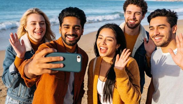 Smiling friends taking beach selfie, diverse group waving on sunny shoreline, denim style