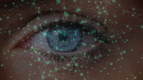 Close-up Futuristic Digital Eye Interface with Network Connections