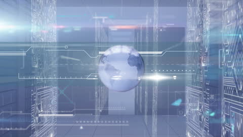Globe Interface Animation Over Data Center Servers
