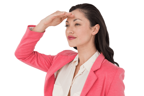 Professional woman gazing into distance with hand on forehead transparent