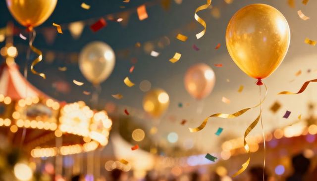 Golden balloon floating over carnival lights and confetti celebration