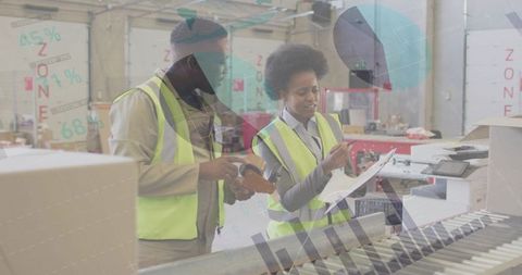 Warehouse team scanning and verifying orders on conveyor belt with analytics overlays