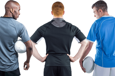 Back of Diverse Rugby Players Holding Balls Isolated on Transparent Background