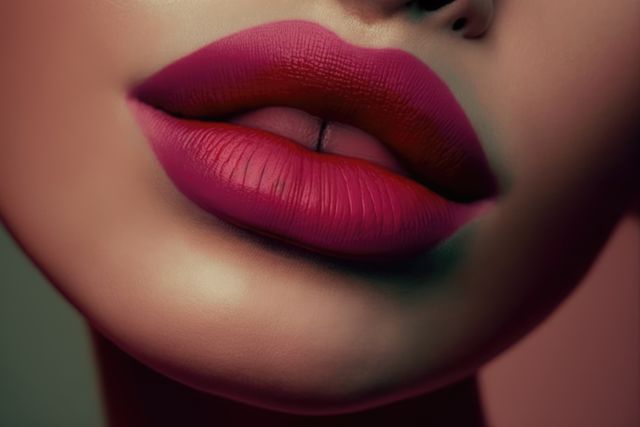 Close up of female lips with satin red lipstick, created using generative ai technology. Female face, make up and beauty concept digitally generated image.
