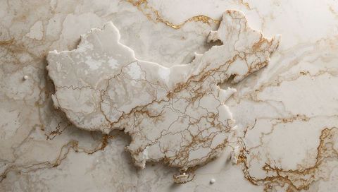 China map in white marble with gold veins