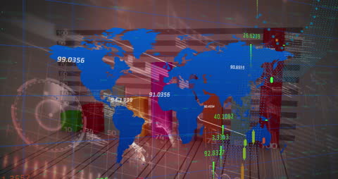 Animation Displaying Global Financial Data Over World Map