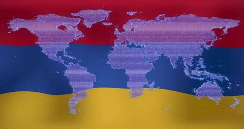 Pixelated world map on tricolor stripes symbolizing global connectivity