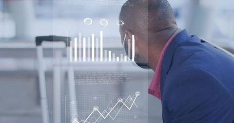Business Analyst Studying Interactive Data Dashboards with Bar and Line Chart Overlays