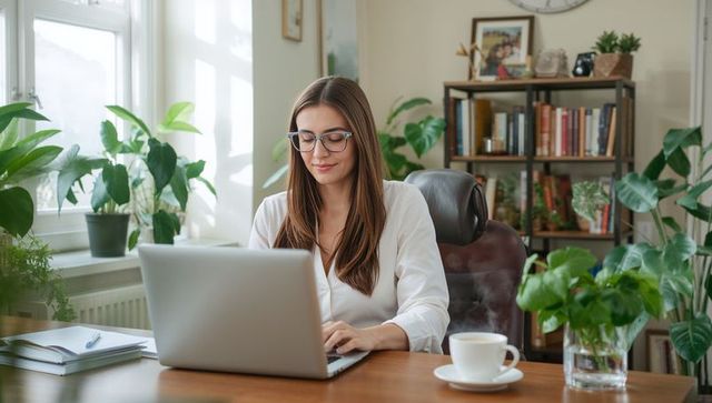 Young professional working on laptop in cozy plant-filled home office with steaming coffee