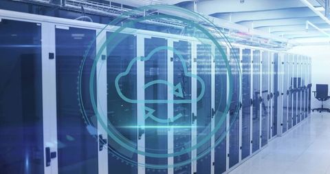 Futuristic cloud sync symbol over modern data center corridor