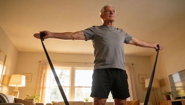 Senior man stretching with resistance band in sunlit living room for home fitness