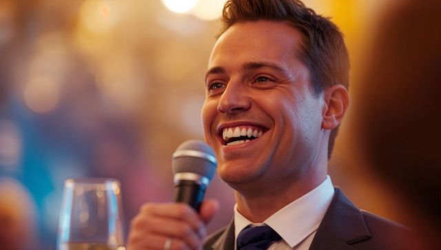 Smiling host speaking at formal event with microphone