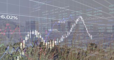 Blending urban skyline and field with candlestick charts displaying market trends
